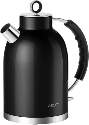 Electric Kettle ASCOT, Tea Kettle Hot Water Kettle Stainless Steel Kettle 1.5L 1500W Retro Tea Heater & Boiling Water, Auto Shut-Off and Boil-Dry Protection(Polished Black)