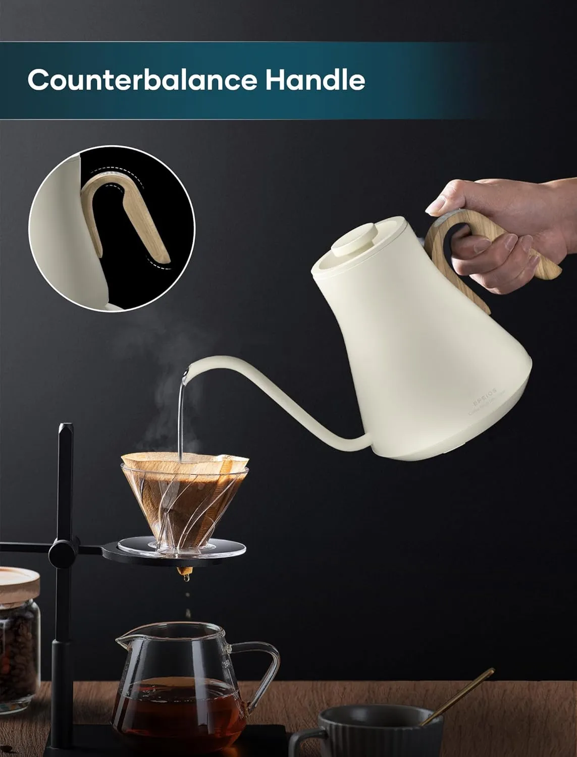 Electric Kettles, INTASTING Gooseneck Electric Kettle, ±1℉ Temperature Control, Stainless Steel Inner, Quick Heating, for Pour Over Coffee, Brew Tea, Boil Hot Water, 0.9L (Cream White)