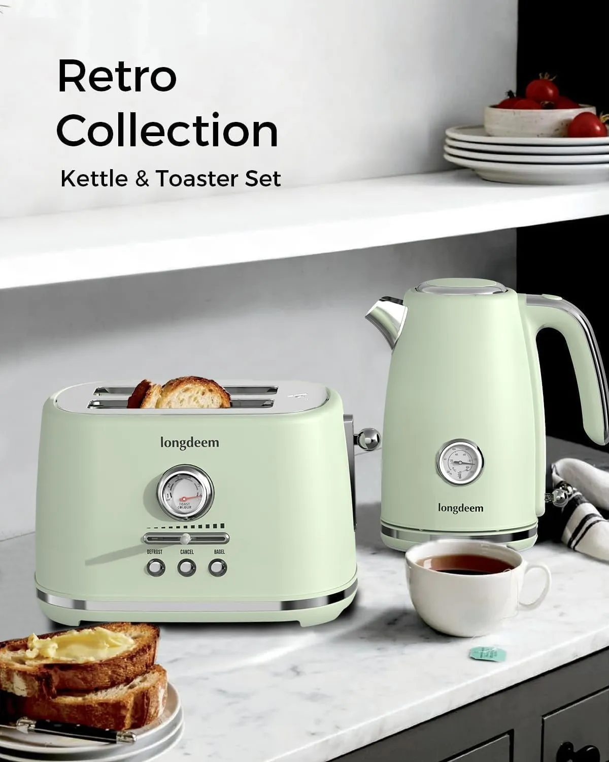 Electric Tea Kettle for Boiling Water, Wide Open Lid, Retro Green Stainless Steel with Thermometer, 1500W/1.7L for Coffee/Tea Brewing, Auto Shut Off & Boil Dry Protection, Cordless Swivel Base, Green