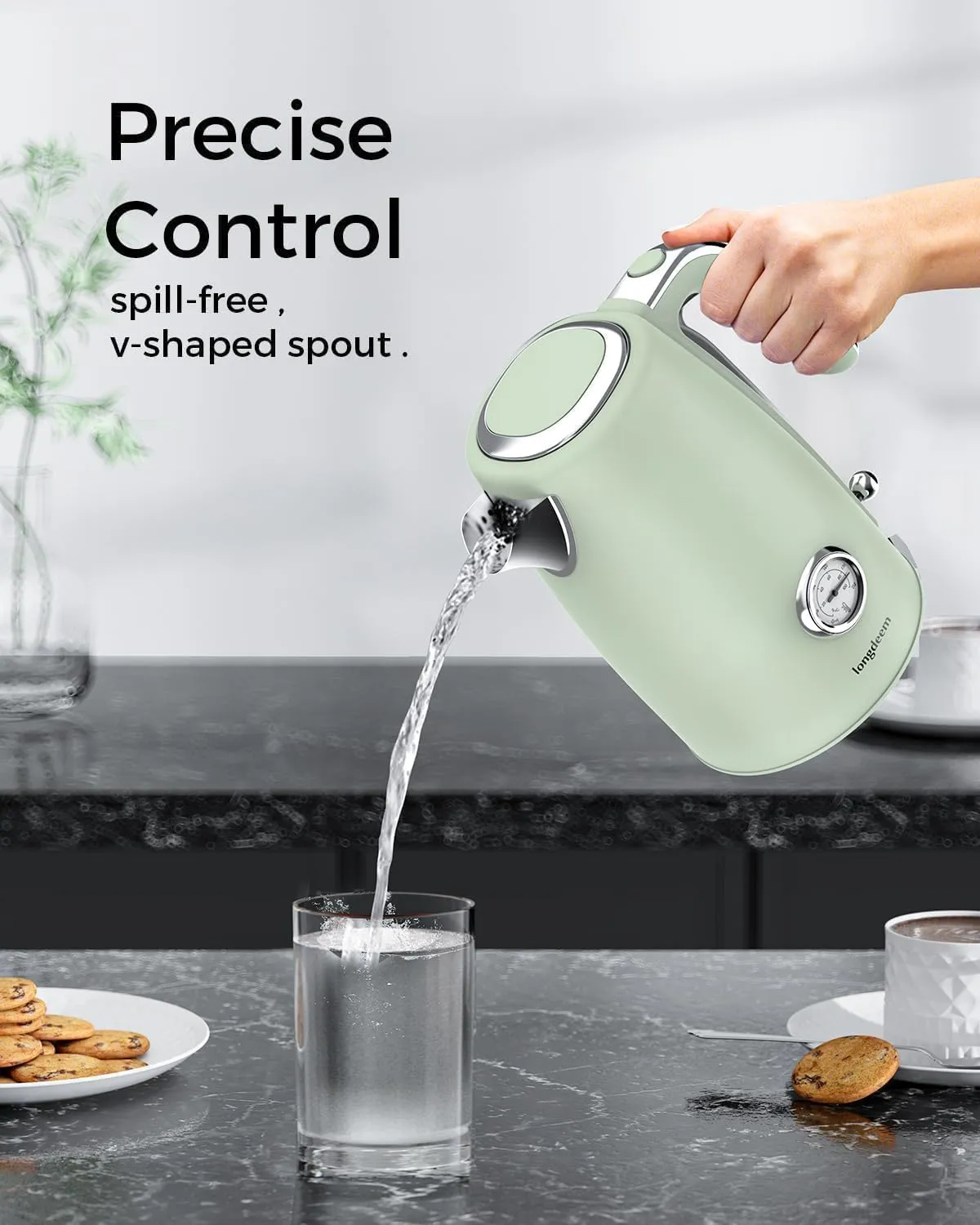 Electric Tea Kettle for Boiling Water, Wide Open Lid, Retro Green Stainless Steel with Thermometer, 1500W/1.7L for Coffee/Tea Brewing, Auto Shut Off & Boil Dry Protection, Cordless Swivel Base, Green
