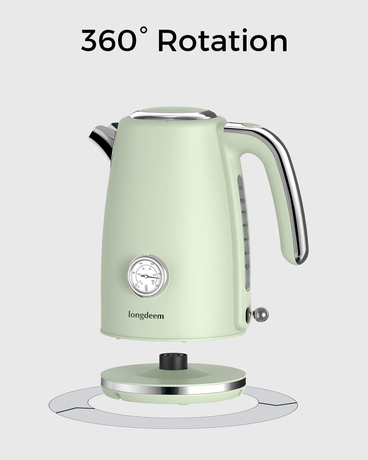 Electric Tea Kettle for Boiling Water, Wide Open Lid, Retro Green Stainless Steel with Thermometer, 1500W/1.7L for Coffee/Tea Brewing, Auto Shut Off & Boil Dry Protection, Cordless Swivel Base, Green