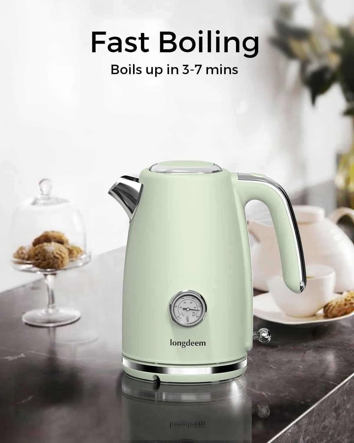 Electric Tea Kettle for Boiling Water, Wide Open Lid, Retro Green Stainless Steel with Thermometer, 1500W/1.7L for Coffee/Tea Brewing, Auto Shut Off & Boil Dry Protection, Cordless Swivel Base, Green