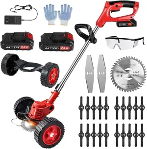 Electric Weed Wacker 24V Electric Weed Cordless Eater with 2pcs Batteries and 3 Types Blades&Auxiliary Wheel Weed Trimmer Lightweight 3 in 1 Stringless Grass Trimmer Edger/Brush Cutter for Lawn