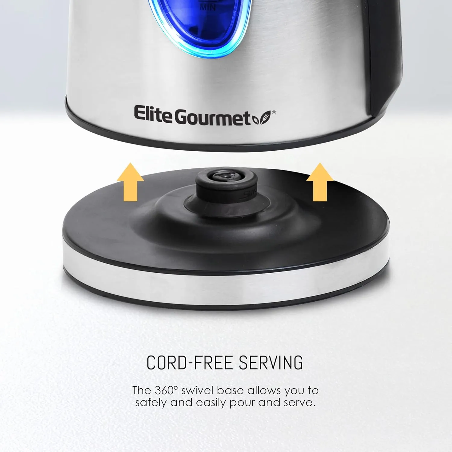 Elite Gourmet EKT-1271# Ultimate 1.7 Liter Electric Kettle – Stainless Steel Design & Cordless 360° Base, Stylish Blue LED Interior, Handy Auto Shut-Off Function – Quickly Boil Water For Tea & More