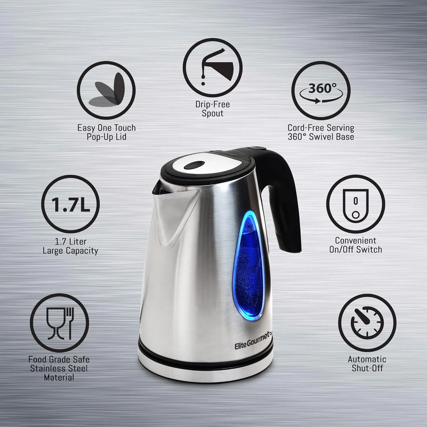 Elite Gourmet EKT-1271# Ultimate 1.7 Liter Electric Kettle – Stainless Steel Design & Cordless 360° Base, Stylish Blue LED Interior, Handy Auto Shut-Off Function – Quickly Boil Water For Tea & More