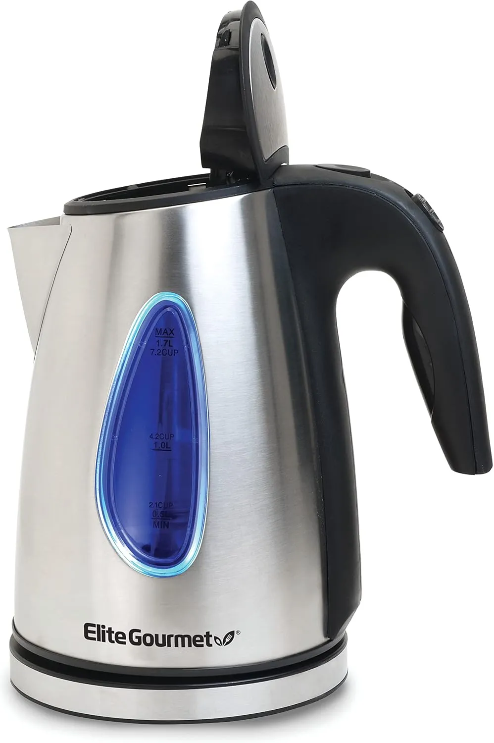 Elite Gourmet EKT-1271# Ultimate 1.7 Liter Electric Kettle – Stainless Steel Design & Cordless 360° Base, Stylish Blue LED Interior, Handy Auto Shut-Off Function – Quickly Boil Water For Tea & More
