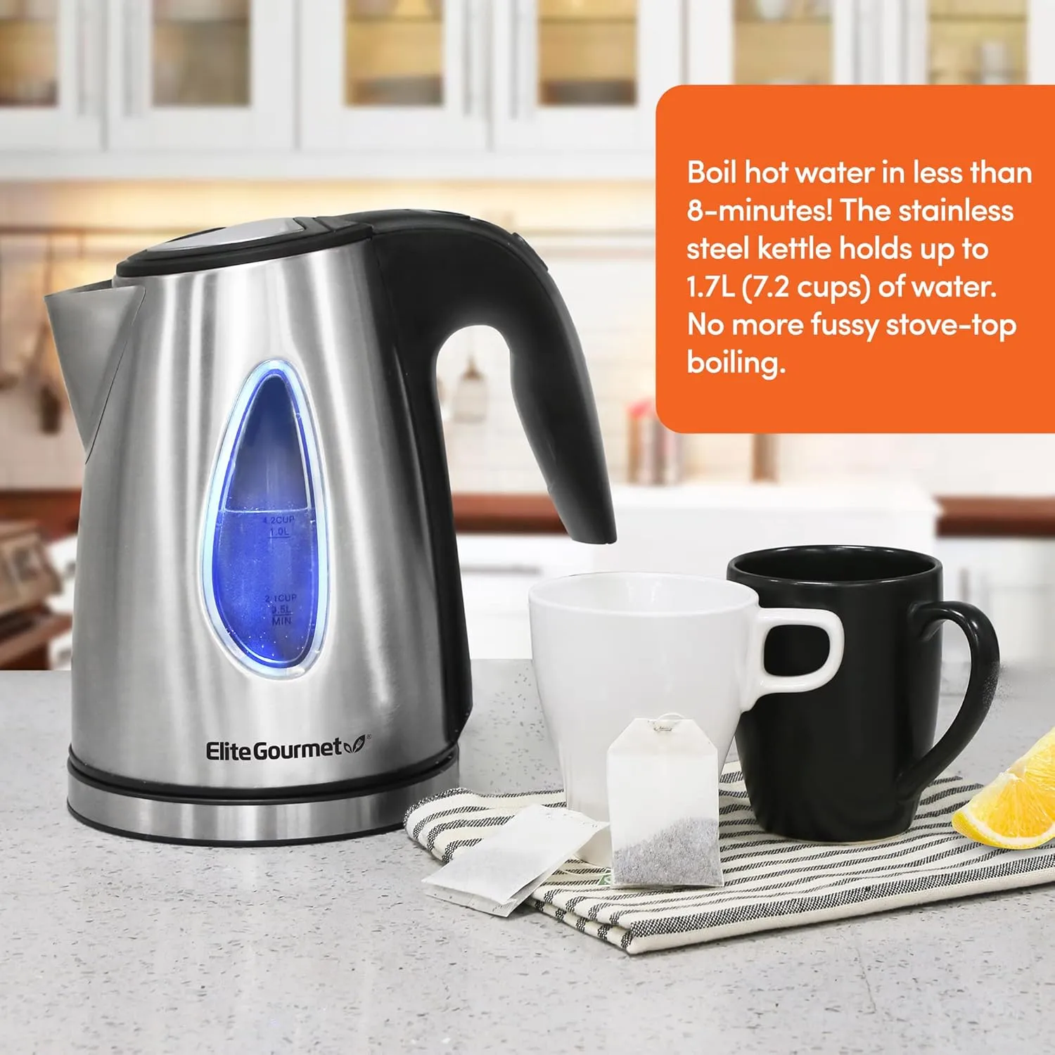 Elite Gourmet EKT-1271# Ultimate 1.7 Liter Electric Kettle – Stainless Steel Design & Cordless 360° Base, Stylish Blue LED Interior, Handy Auto Shut-Off Function – Quickly Boil Water For Tea & More