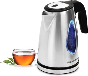 Elite Gourmet EKT-1271# Ultimate 1.7 Liter Electric Kettle – Stainless Steel Design & Cordless 360° Base, Stylish Blue LED Interior, Handy Auto Shut-Off Function – Quickly Boil Water For Tea & More