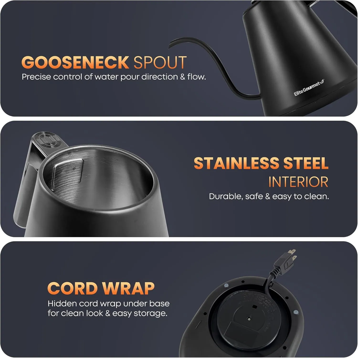 Elite Gourmet EKT3001 1L Digital Water Kettle, 304 Stainless Steel Interior, Programmed Temperatures, Keep Warm Function, Cordless, 360° Base, Auto Off & Audible Indicator, Matte Black