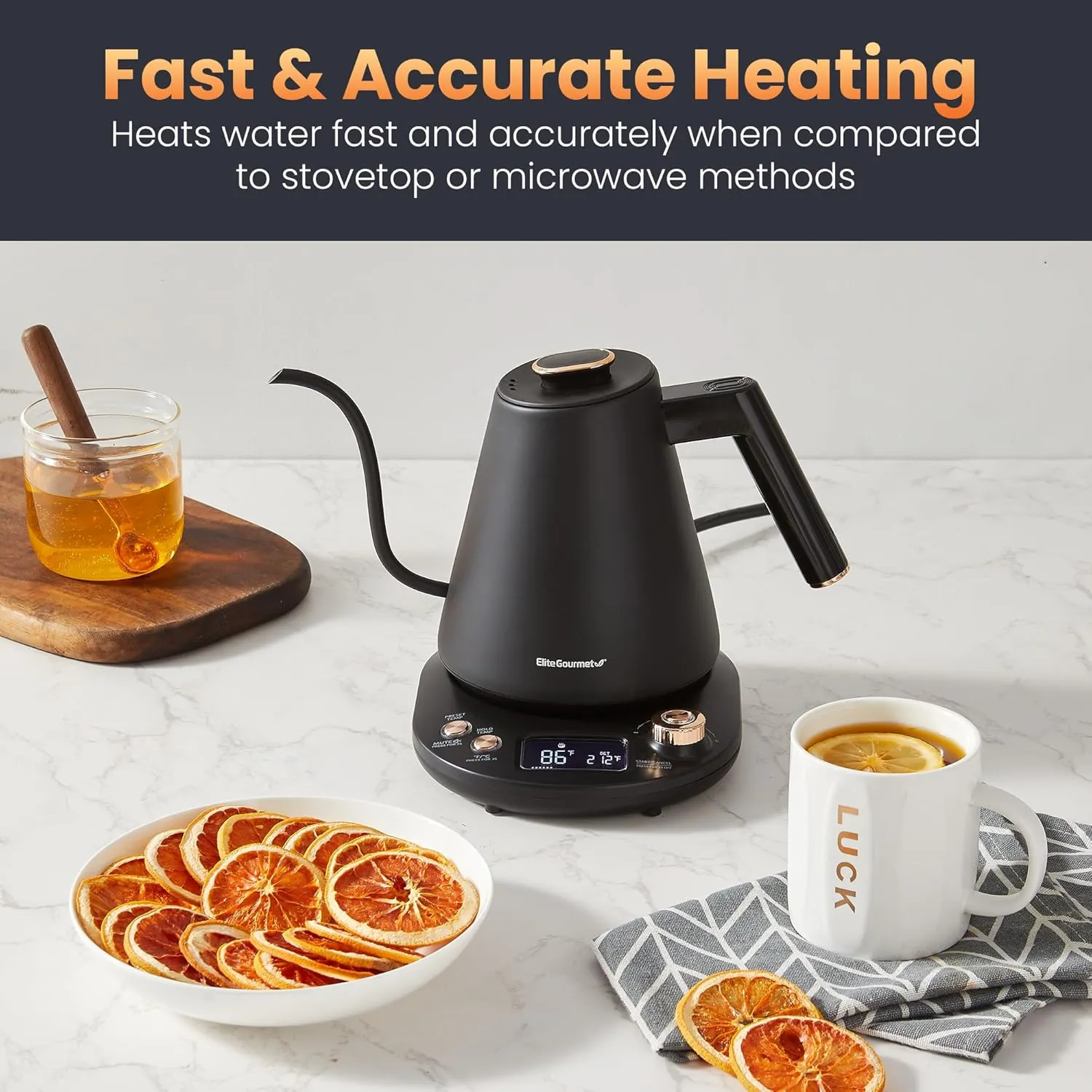 Elite Gourmet EKT3001 1L Digital Water Kettle, 304 Stainless Steel Interior, Programmed Temperatures, Keep Warm Function, Cordless, 360° Base, Auto Off & Audible Indicator, Matte Black