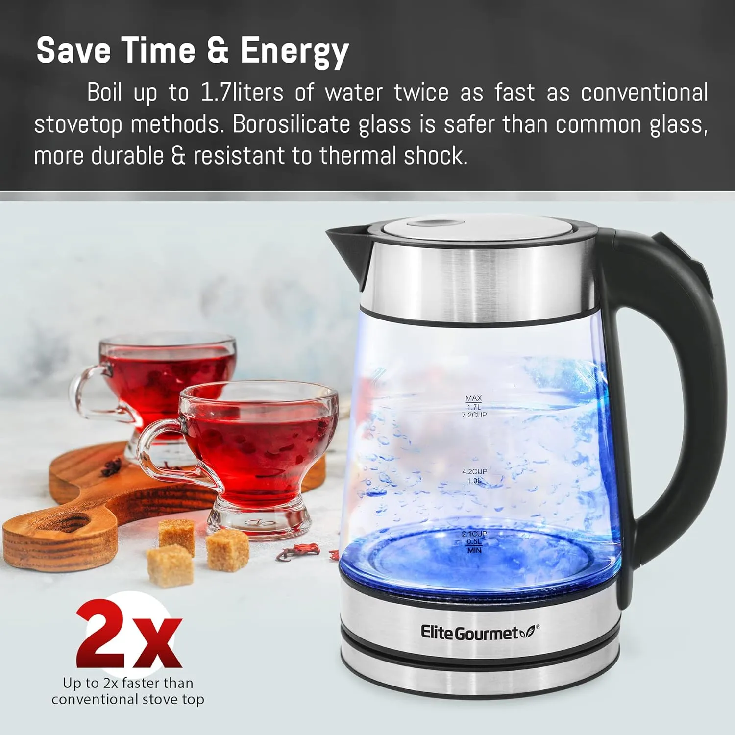 Elite Gourmet EKT602X Glass Electric Tea Kettle Hot Water Heater Boiler BPA-Free with Blue LED Interior, Fast Boil and Auto Shut-Off, Strix Controller, 1.7L, Stainless Steel