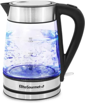 Elite Gourmet EKT602X Glass Electric Tea Kettle Hot Water Heater Boiler BPA-Free with Blue LED Interior, Fast Boil and Auto Shut-Off, Strix Controller, 1.7L, Stainless Steel