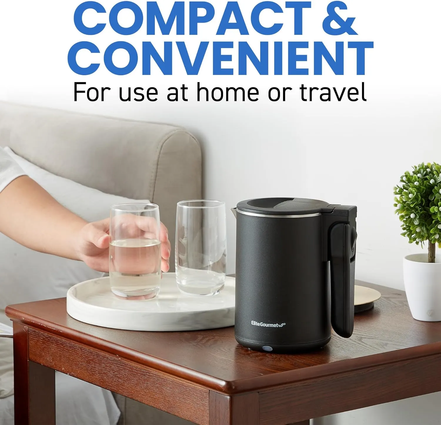 Elite Gourmet EKT719 Dual Volt 120-230V, Travel Double Wall Insulated Cool-Touch, 0.6L Electric Kettle, Stainless Steel Interior, Hinged-Locking Lid, Retractable Handle, Auto Shut-Off, Boil Dry, Black