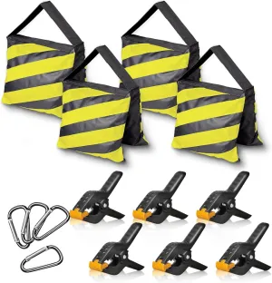EMART 4 Packs Sand Bags Heavy Duty Sandbags Photography Accessories with 6 Spring Clamps for Backdrop Stand, Light Stand, Photo Tripod, Canopy Weights, Party Pop Up Tent, Fishing, Camping-Yellow