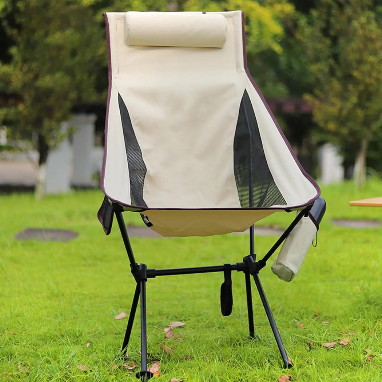 Ergonomic Camping Chair, Outdoor Folding Moon Chair with Headrest Side Pocket Aluminum Alloy Frame Collapsible Chair for Camping Backpacking Hiking White