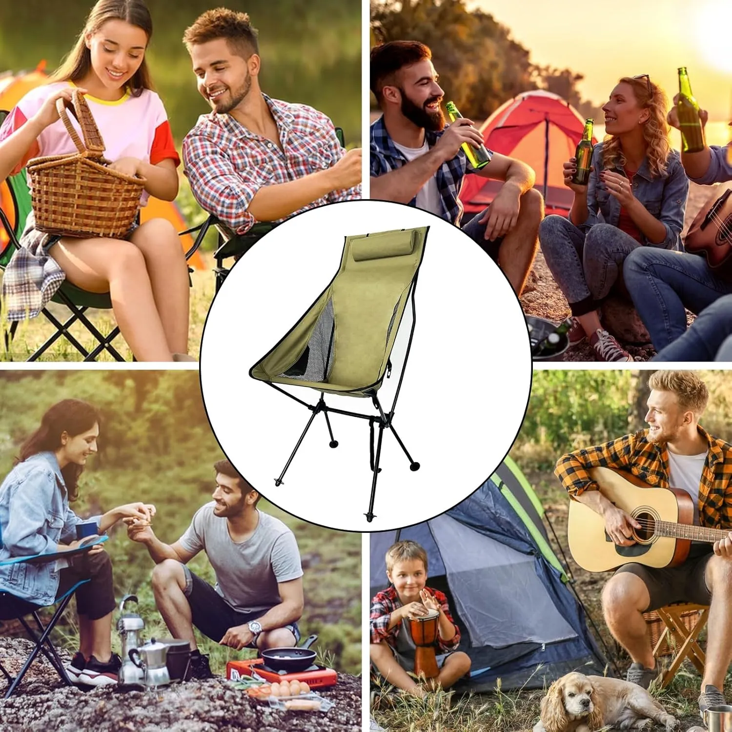 Ergonomic Camping Chair, Outdoor Folding Moon Chair with Headrest Side Pocket Aluminum Alloy Frame Collapsible Chair for Camping Backpacking Hiking White
