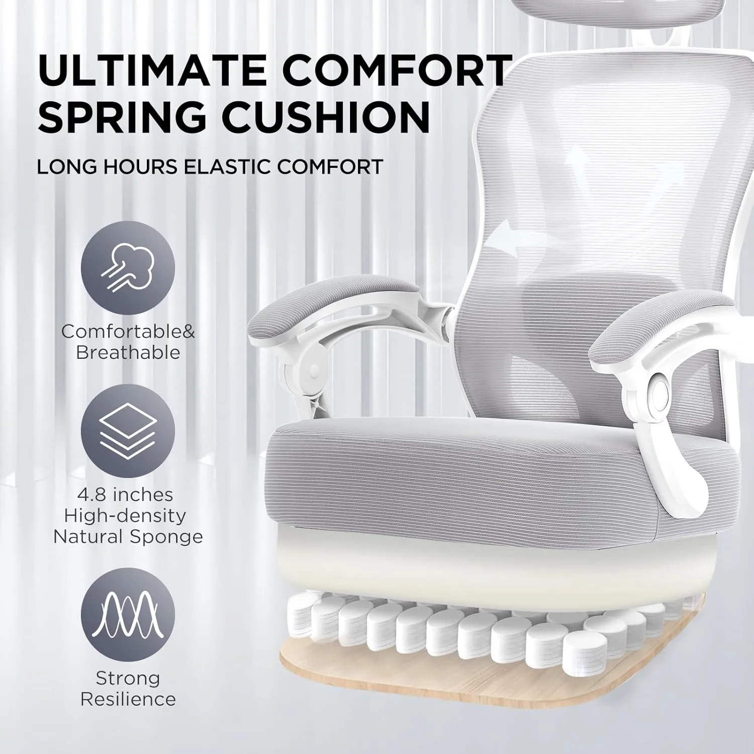 Ergonomic Office Chair with Footrest,Ultra Thick Reclining Office Desk Chair with Adjustable 2D Lumbar Support and Headrest,Spring Cushion,High Back Premium Mesh Computer Chair Office Chairs,Grey