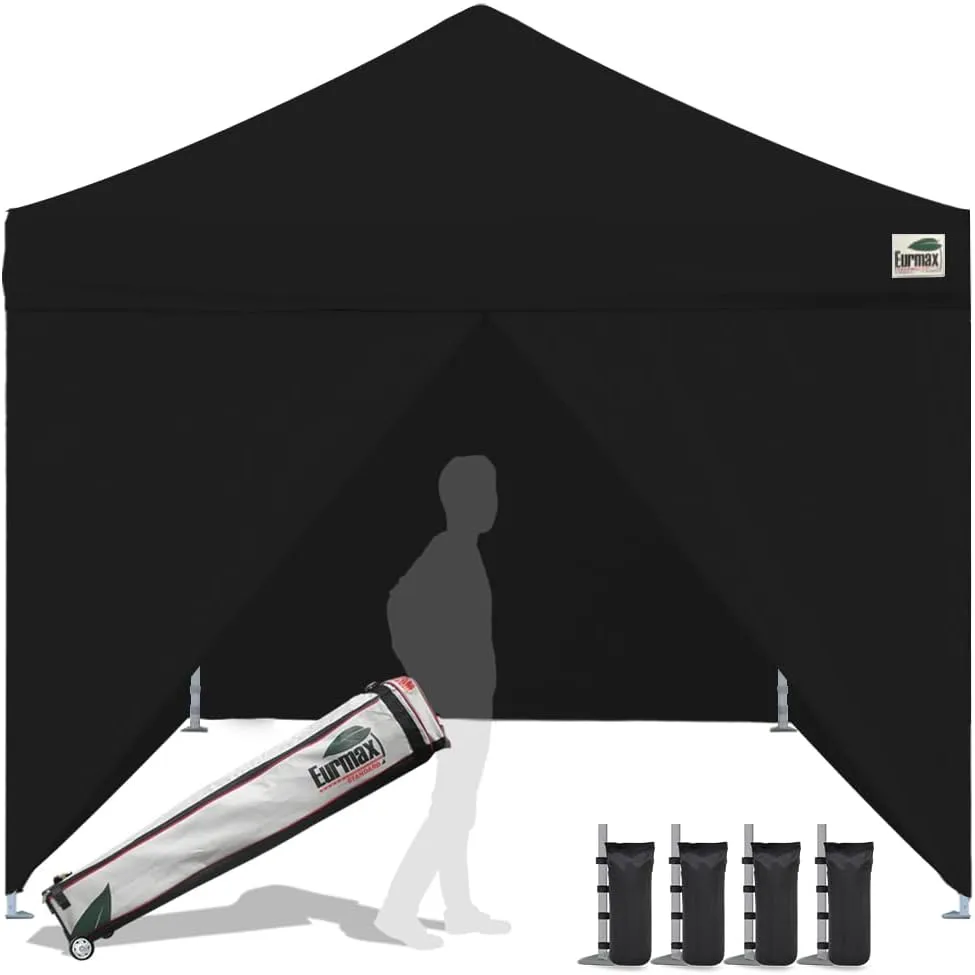Eurmax USA 10 x 10 Pop up Canopy Commercial Tent Outdoor Instant Canopies Party Shelter with 4 Full Zippered Walls and Roller Bag Bonus Sand Bags(Black)