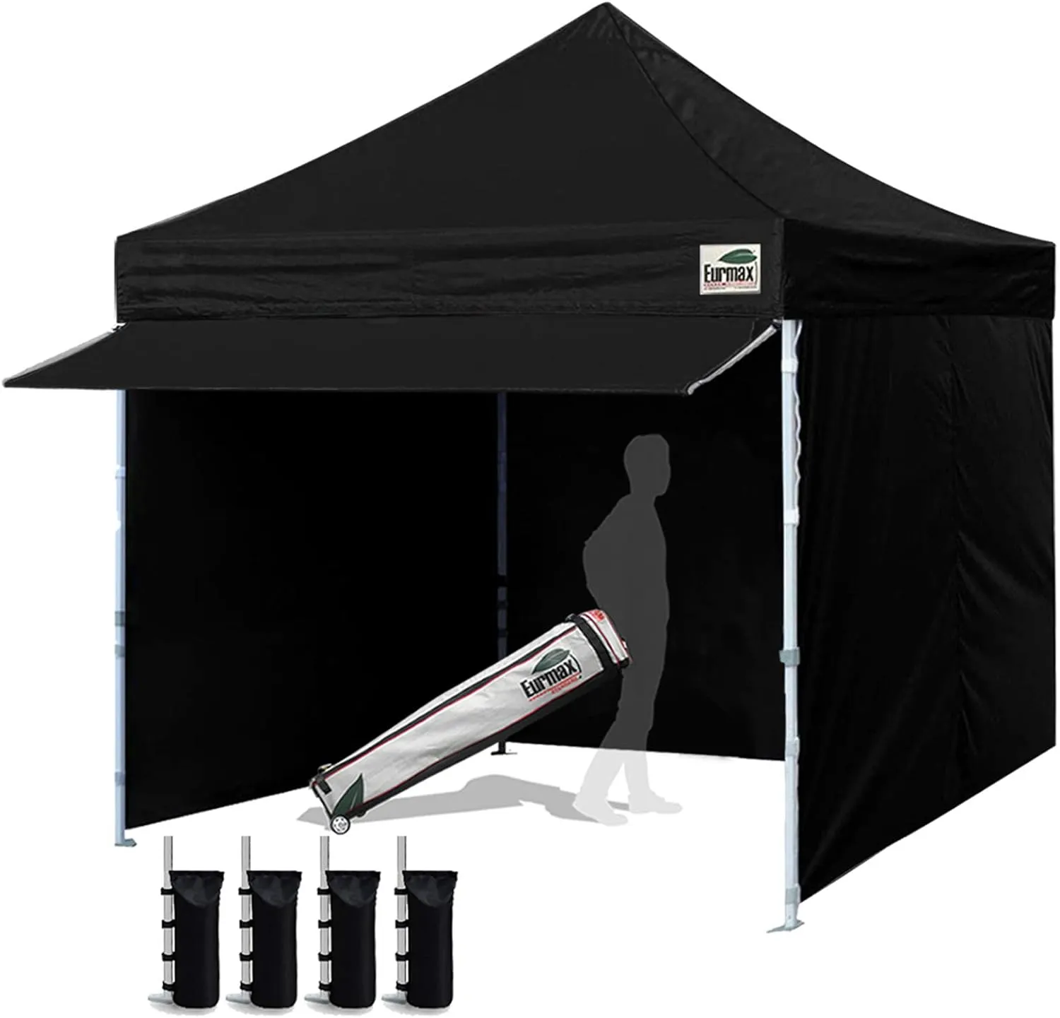 Eurmax USA 10 x 10 Pop up Canopy Commercial Tent Outdoor Party Canopies with 4 Removable Zippered Sidewalls and Roller Bag Bonus 4 Canopy Sand Bags & 24 Squre Ft Extended Awning(Black)