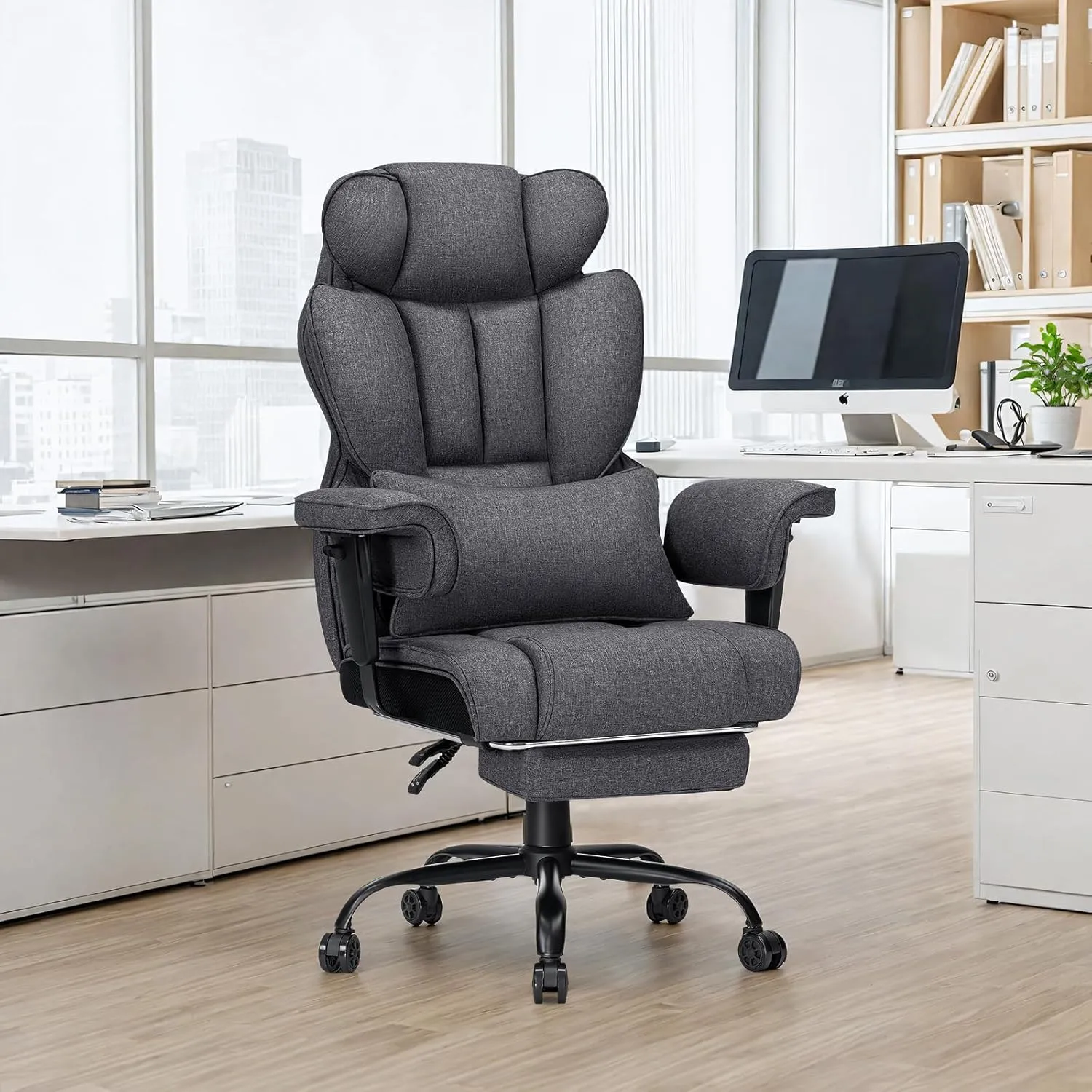 Executive Office Chair Big and Tall with Massage 450lbs Heavy Duty Desk Chair with Lumbar Support Reclining Office Chair with Footrest High Back Ergonomic Fabric Chair for Heavy People Dark Gray