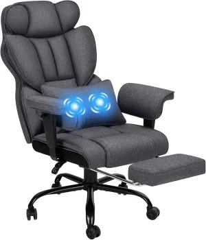 Executive Office Chair Big and Tall with Massage 450lbs Heavy Duty Desk Chair with Lumbar Support Reclining Office Chair with Footrest High Back Ergonomic Fabric Chair for Heavy People Dark Gray
