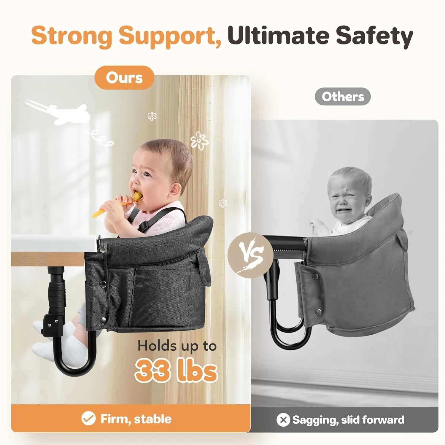 Ezebaby Hook on High Chairs, Secure Clip on High Chair for Baby, Compact Fold-Flat for Easy Storage, Fast Table Chair with Baby Seat, Portable Highchair Attaches to Table for Travel, Black, with Tray