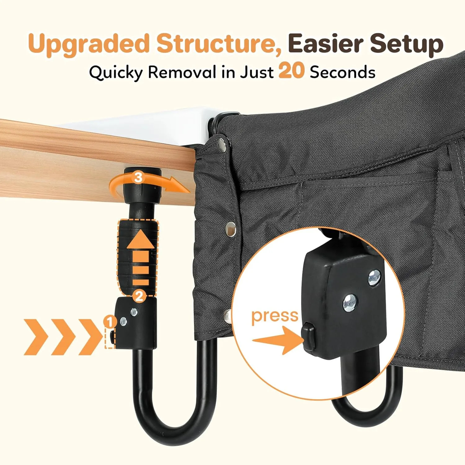 Ezebaby Hook on High Chairs, Secure Clip on High Chair for Baby, Compact Fold-Flat for Easy Storage, Fast Table Chair with Baby Seat, Portable Highchair Attaches to Table for Travel, Black, with Tray