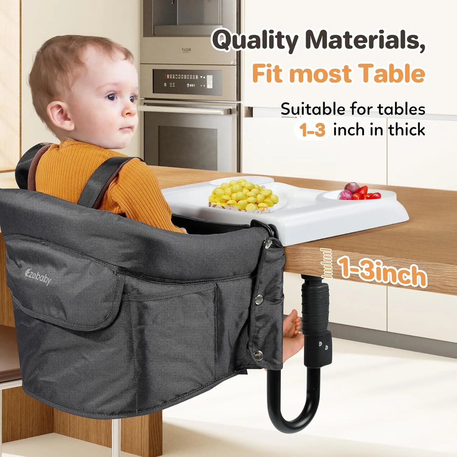 Ezebaby Hook on High Chairs, Secure Clip on High Chair for Baby, Compact Fold-Flat for Easy Storage, Fast Table Chair with Baby Seat, Portable Highchair Attaches to Table for Travel, Black, with Tray