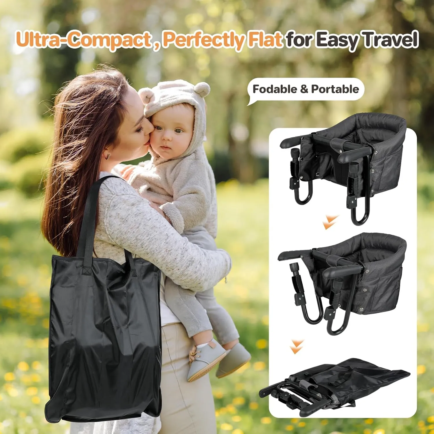 Ezebaby Hook on High Chairs, Secure Clip on High Chair for Baby, Compact Fold-Flat for Easy Storage, Fast Table Chair with Baby Seat, Portable Highchair Attaches to Table for Travel, Black, with Tray