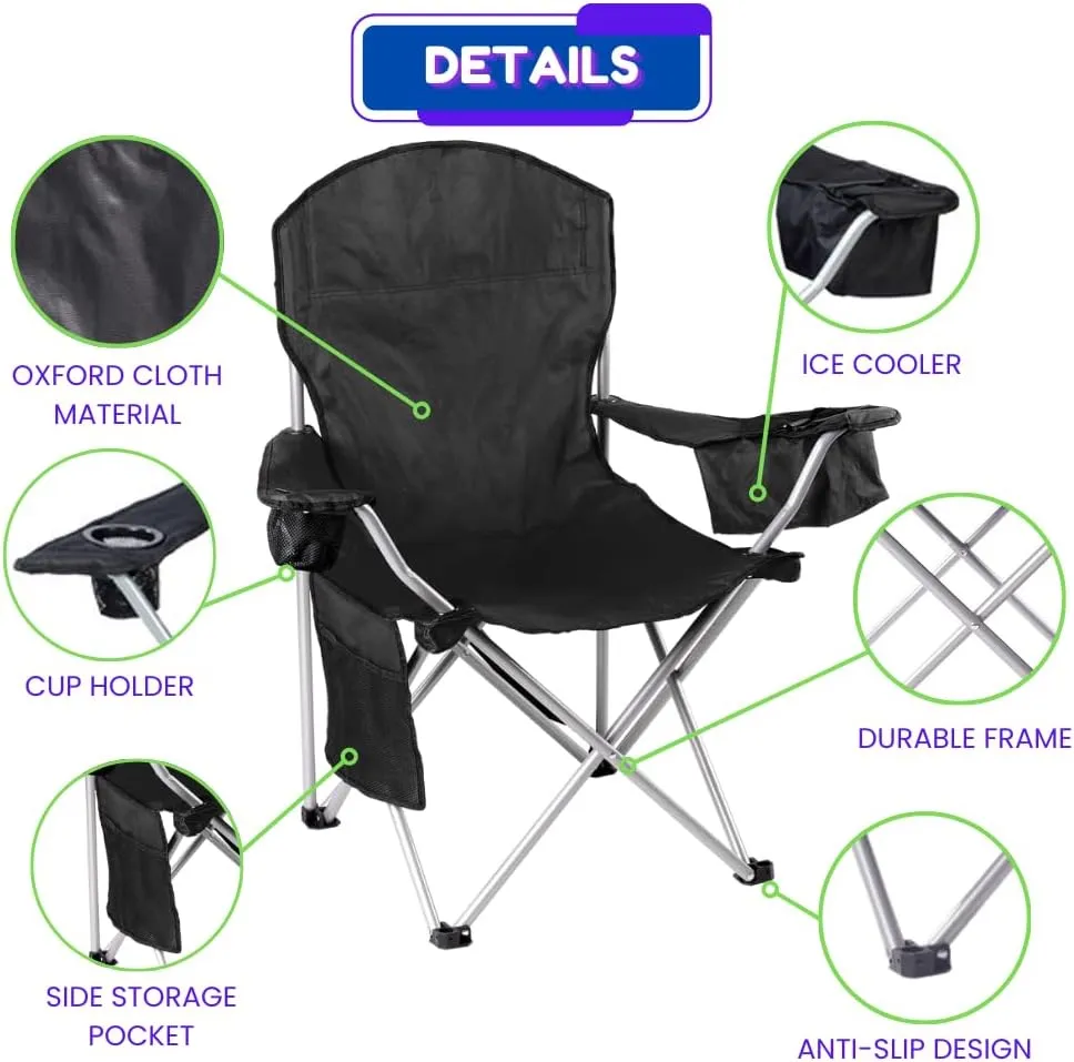 EZONE Set of 2 Camping Chairs with Built-in Ice Cooler, Portable Chair, Storage Pocket, Cup Holder, and Carry Bag Perfect for Camping, Tailgating, Fishing, Beach, and Lawn (2, Black)