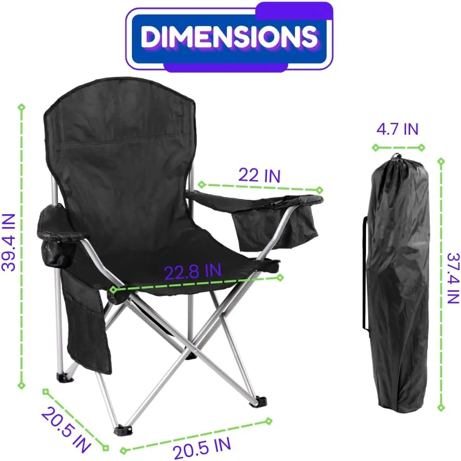 EZONE Set of 2 Camping Chairs with Built-in Ice Cooler, Portable Chair, Storage Pocket, Cup Holder, and Carry Bag Perfect for Camping, Tailgating, Fishing, Beach, and Lawn (2, Black)