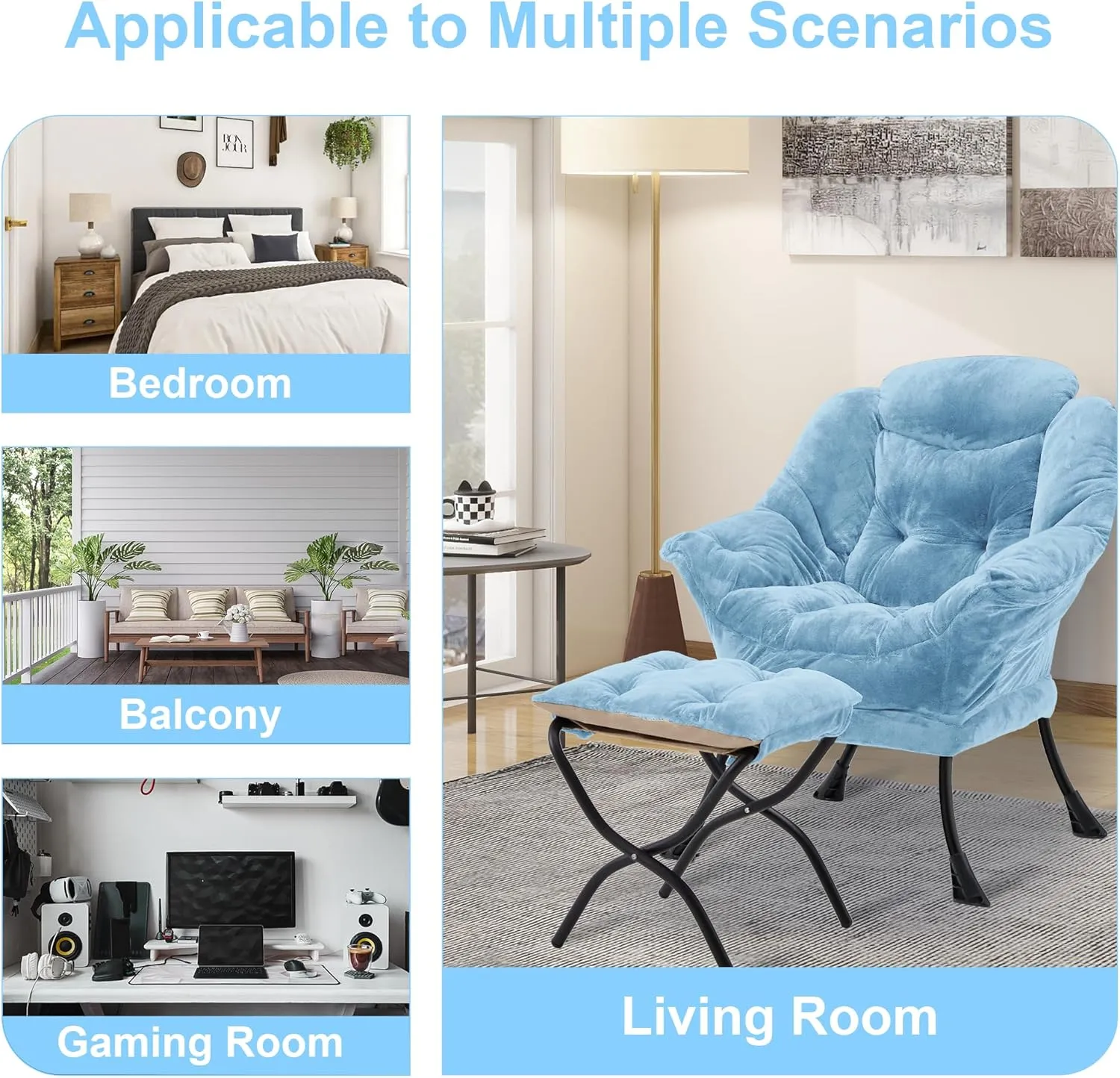 Fabric Lazy Chair with Ottoman, Oversized Upholstered Sofa Chair for Adults, Plush Comfy Lounge Chair with Large Side Storage Pocket, Reading Chair for Living Room, Bedroom, Study Room, Blue