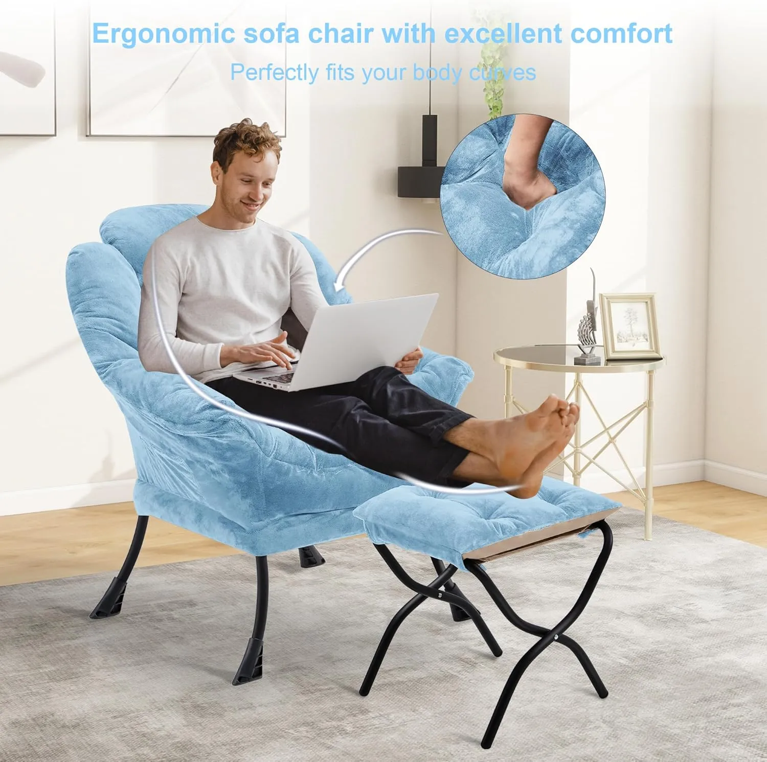 Fabric Lazy Chair with Ottoman, Oversized Upholstered Sofa Chair for Adults, Plush Comfy Lounge Chair with Large Side Storage Pocket, Reading Chair for Living Room, Bedroom, Study Room, Blue