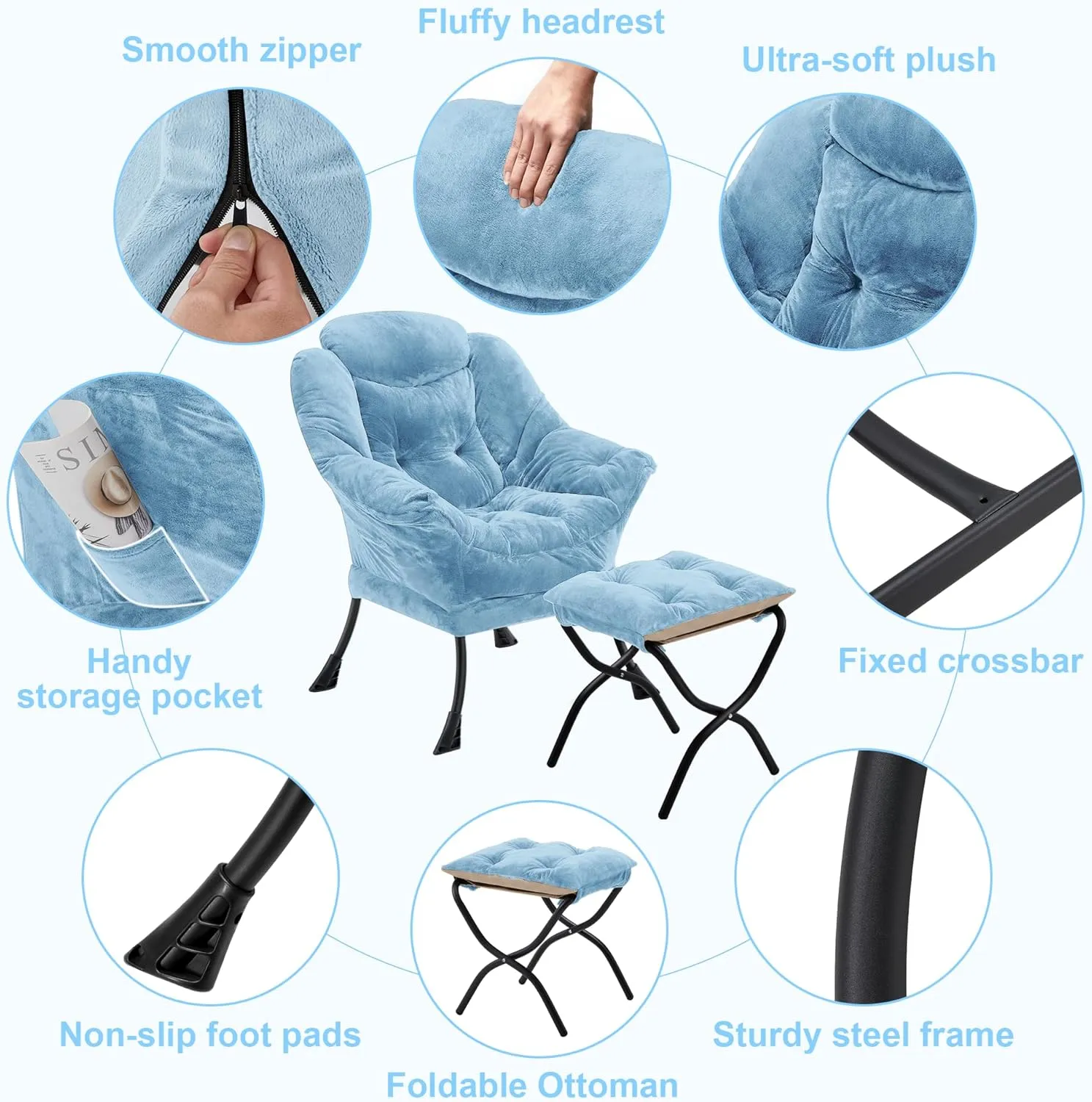 Fabric Lazy Chair with Ottoman, Oversized Upholstered Sofa Chair for Adults, Plush Comfy Lounge Chair with Large Side Storage Pocket, Reading Chair for Living Room, Bedroom, Study Room, Blue