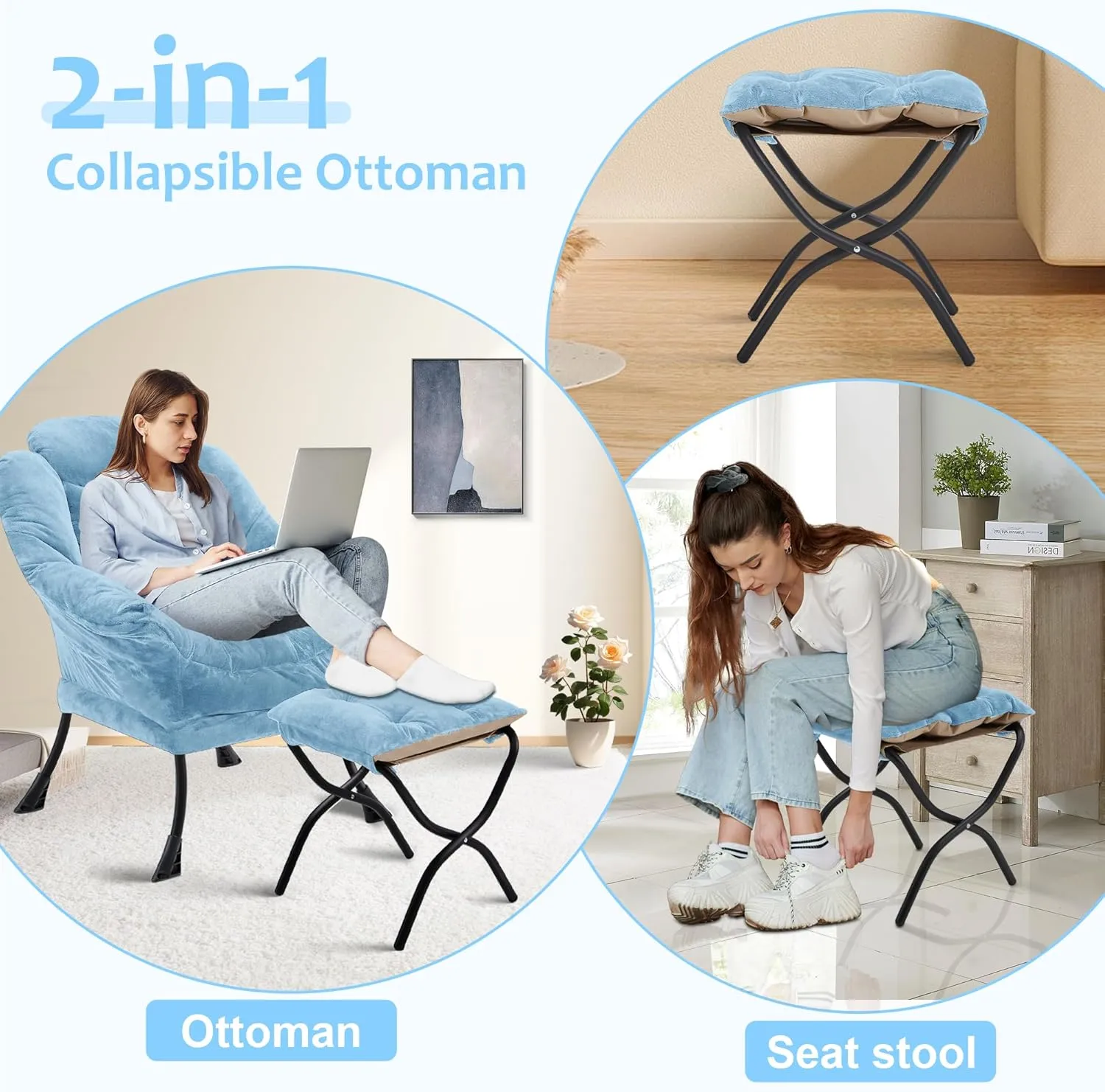 Fabric Lazy Chair with Ottoman, Oversized Upholstered Sofa Chair for Adults, Plush Comfy Lounge Chair with Large Side Storage Pocket, Reading Chair for Living Room, Bedroom, Study Room, Blue