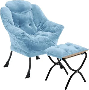 Fabric Lazy Chair with Ottoman, Oversized Upholstered Sofa Chair for Adults, Plush Comfy Lounge Chair with Large Side Storage Pocket, Reading Chair for Living Room, Bedroom, Study Room, Blue