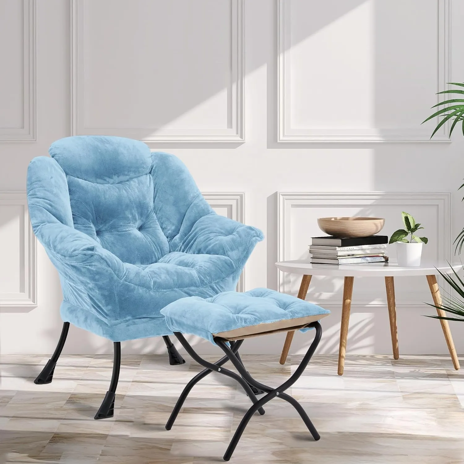 Fabric Lazy Chair with Ottoman, Oversized Upholstered Sofa Chair for Adults, Plush Comfy Lounge Chair with Large Side Storage Pocket, Reading Chair for Living Room, Bedroom, Study Room, Blue