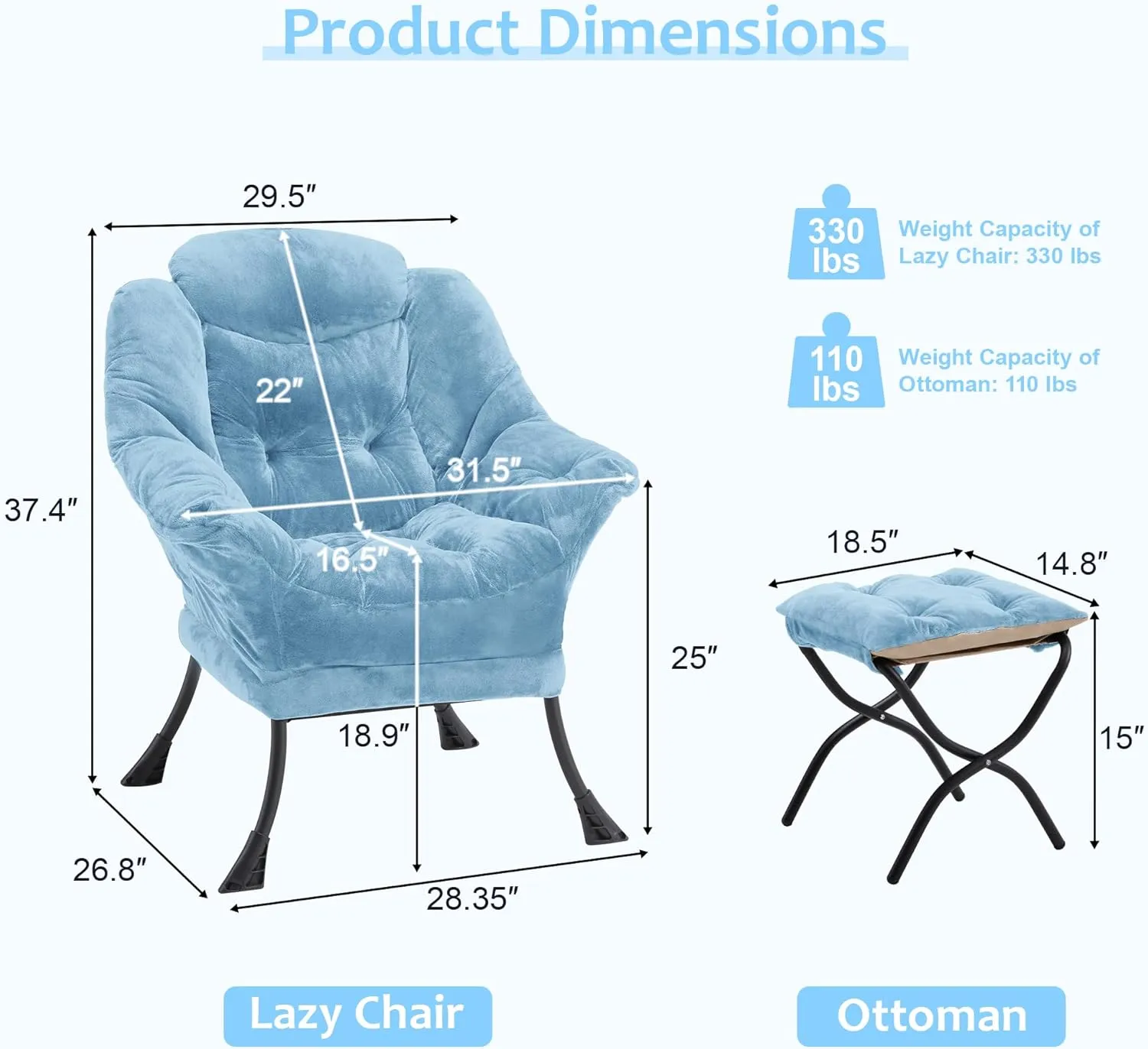 Fabric Lazy Chair with Ottoman, Oversized Upholstered Sofa Chair for Adults, Plush Comfy Lounge Chair with Large Side Storage Pocket, Reading Chair for Living Room, Bedroom, Study Room, Blue