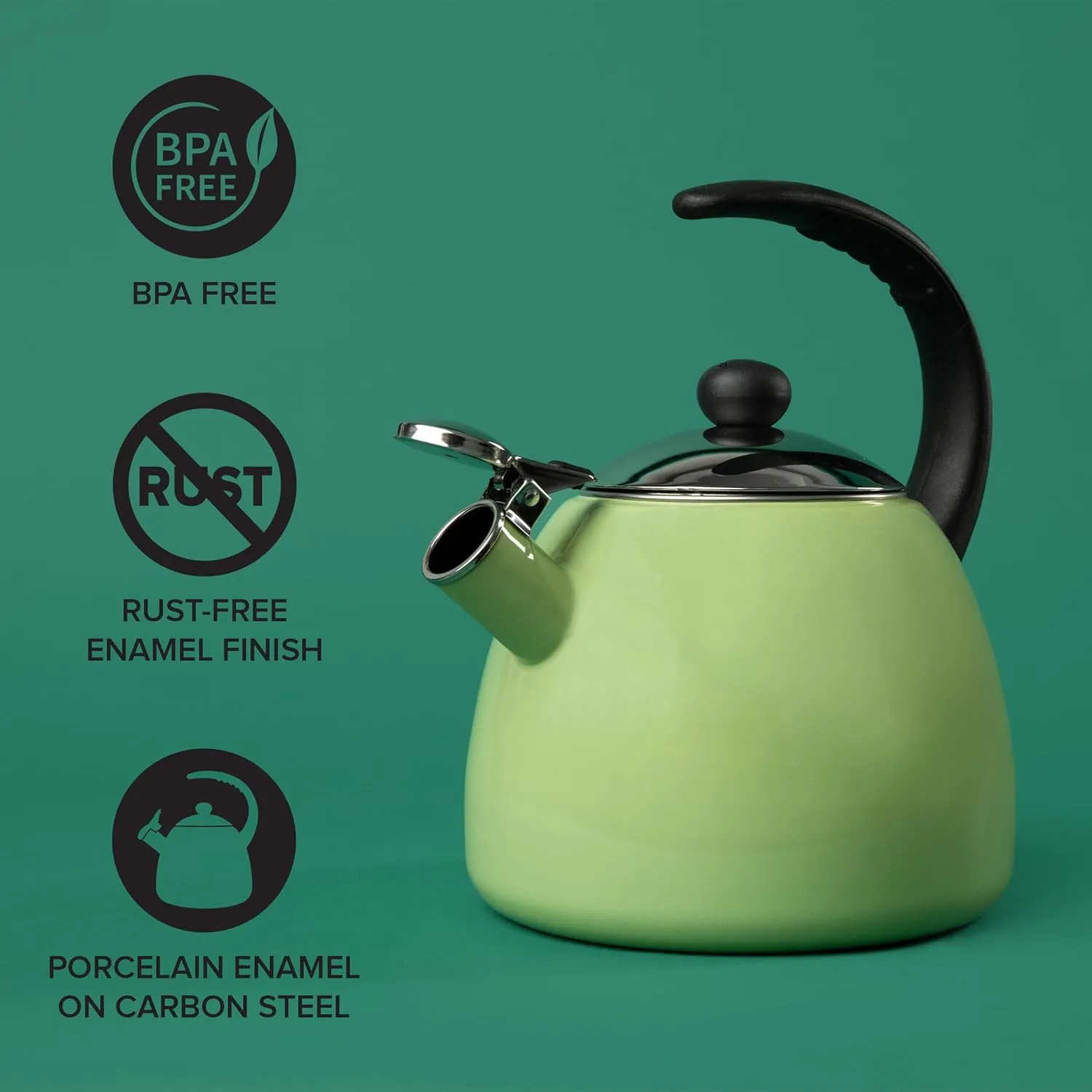 Farberware Dome Tea Kettle, Whistling Teapot, Porcelain Enamel on Carbon Steel, BPA-Free, Rust-Proof, Cool Handle, 3 qt, 12 Cup Capacity, Granny Apple