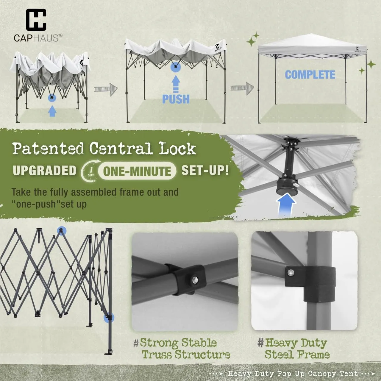 Fencer Wire 12ft x 12ft Pop Up Canopy Tent, Heavy-Duty Commercial Grade with Patented One-Push Central Locking, Portable and Instant Folding Shelter with Wheeled Carry Bag and Weight Bags, Blue