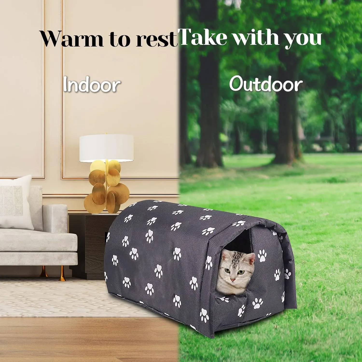 Fhiny Stray Cats Shelter, Waterproof Outdoor Cat House Foldable Warm Pet Cave for Winter Wild Animal Tent Bed Anti-Slip Kitten Cave for Feral Cat Dog Puppy Weatherproof Black (L:21.7"×16"×14.5")