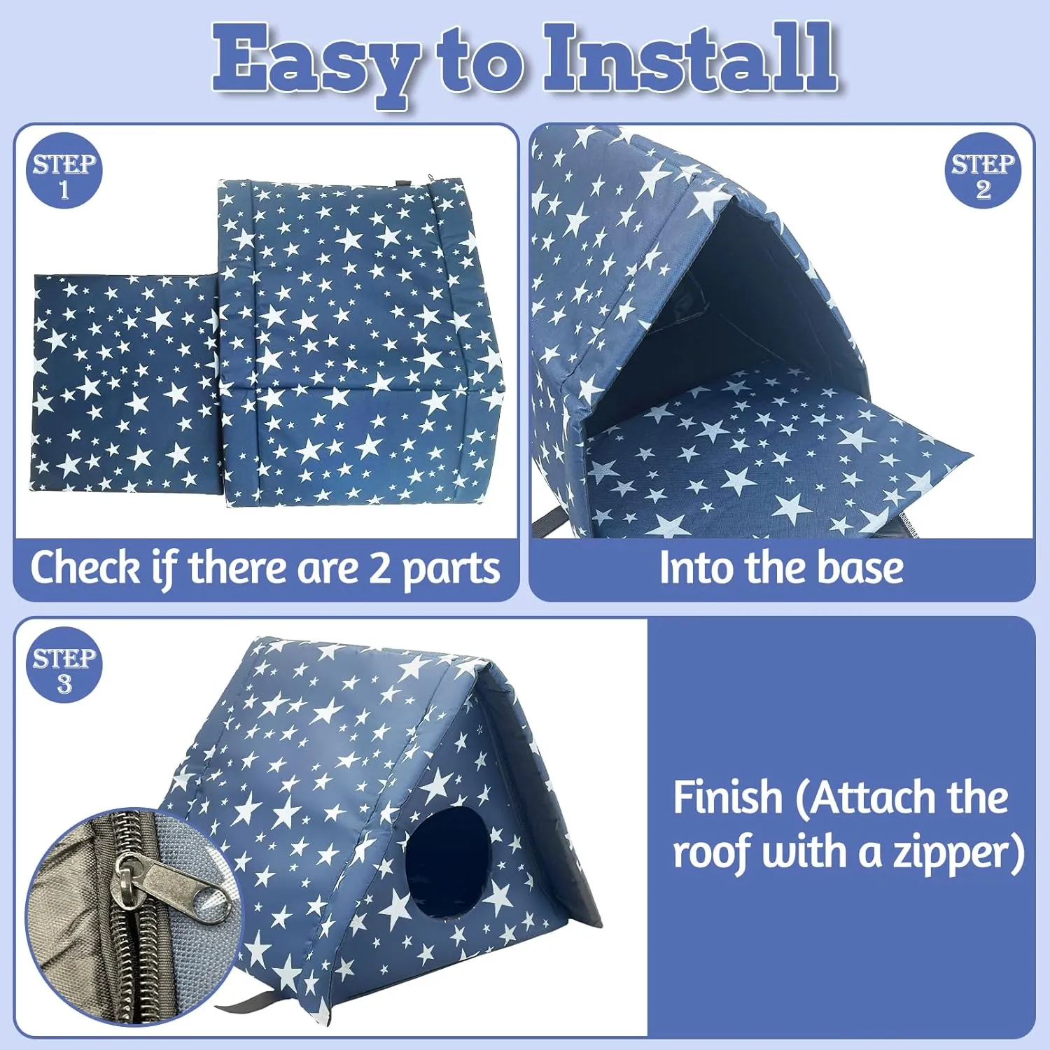 Fhiny Stray Cats Shelter, Waterproof Outdoor Cat House Foldable Warm Pet Cave for Winter Wild Animal Tent Bed Anti-Slip Kitten Cave for Feral Cat Dog Puppy Weatherproof (M, Blue)