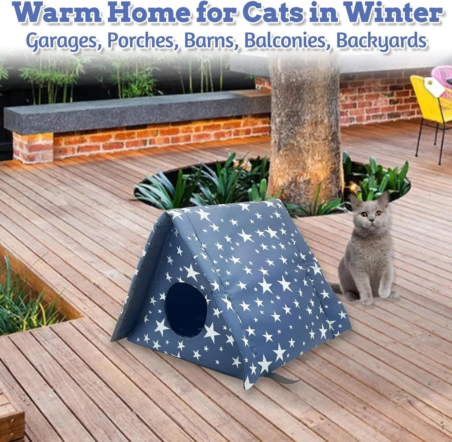Fhiny Stray Cats Shelter, Waterproof Outdoor Cat House Foldable Warm Pet Cave for Winter Wild Animal Tent Bed Anti-Slip Kitten Cave for Feral Cat Dog Puppy Weatherproof (M, Blue)