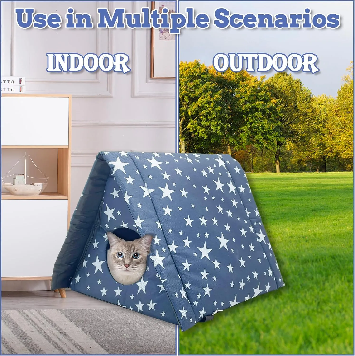 Fhiny Stray Cats Shelter, Waterproof Outdoor Cat House Foldable Warm Pet Cave for Winter Wild Animal Tent Bed Anti-Slip Kitten Cave for Feral Cat Dog Puppy Weatherproof (M, Blue)