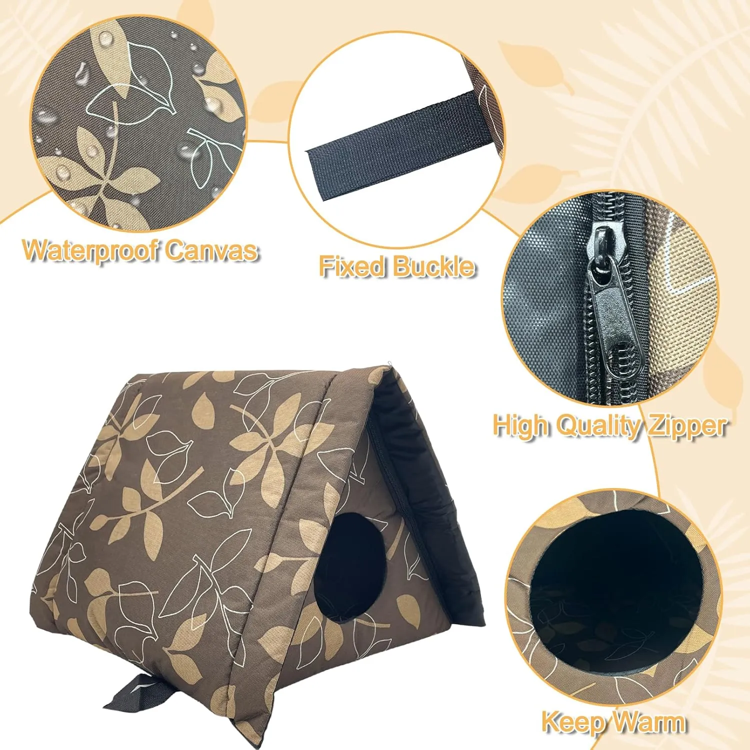 Fhiny Stray Cats Shelter, Waterproof Outdoor Cat House Foldable Warm Pet Cave for Winter Wild Animal Tent Bed Anti-Slip Kitten Cave for Feral Cat Dog Puppy Weatherproof (M, Brown)