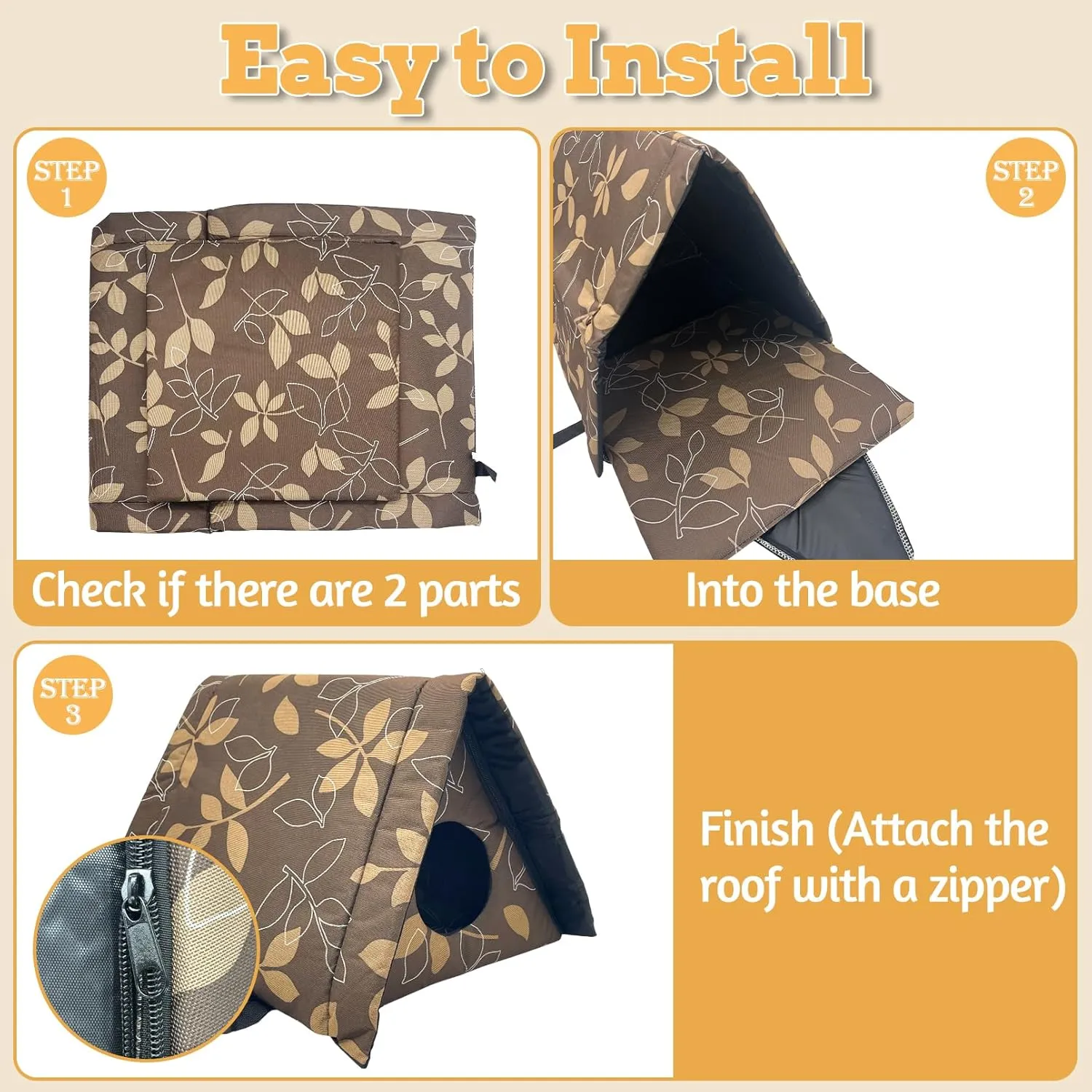 Fhiny Stray Cats Shelter, Waterproof Outdoor Cat House Foldable Warm Pet Cave for Winter Wild Animal Tent Bed Anti-Slip Kitten Cave for Feral Cat Dog Puppy Weatherproof (M, Brown)