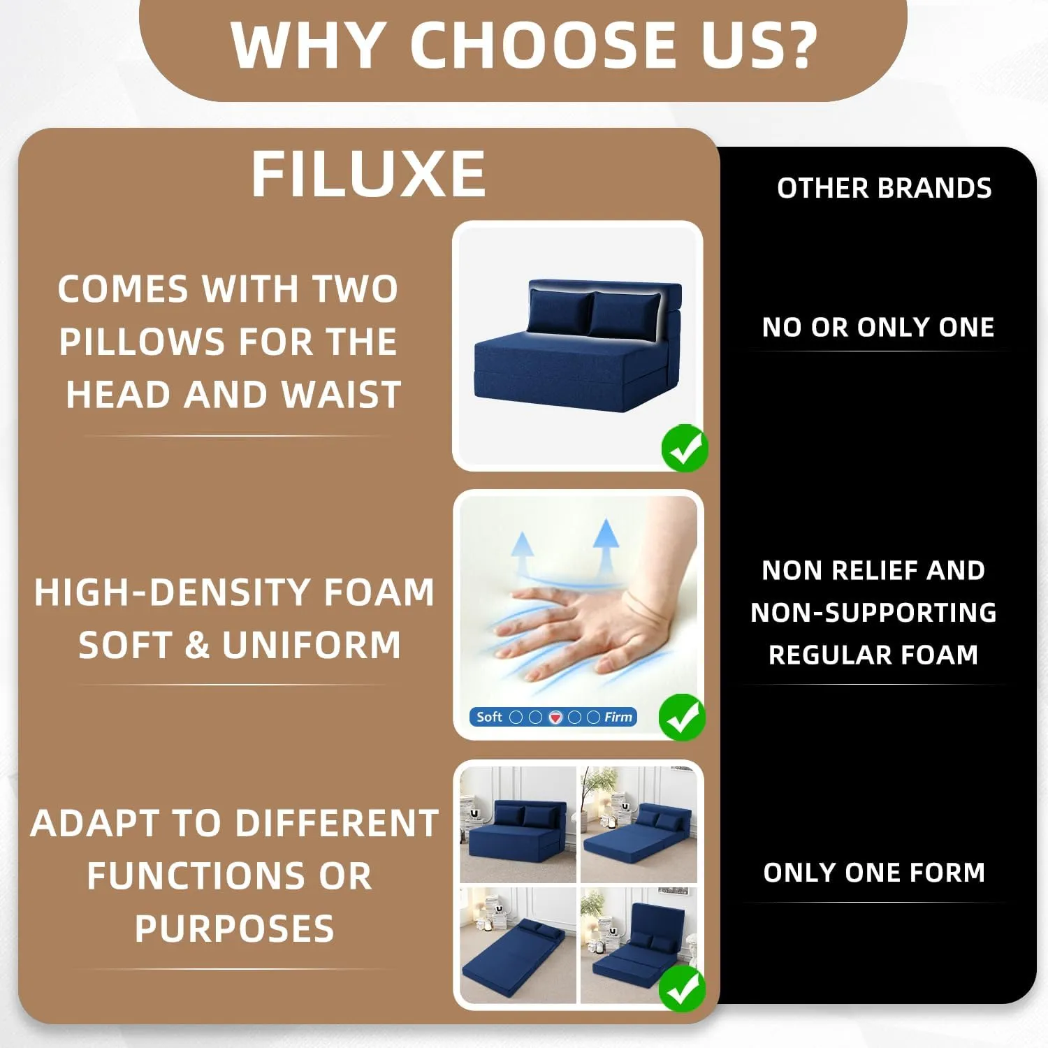 FILUXE Convertible Folding Sofa Bed - Sleeper Chair with Pillow, Modern Linen Fabric Floor & Futon Couch, Foldable Mattress for Living Room/Dorm/Guest/Home Office/Apartment,Standard Size, Navy Blue