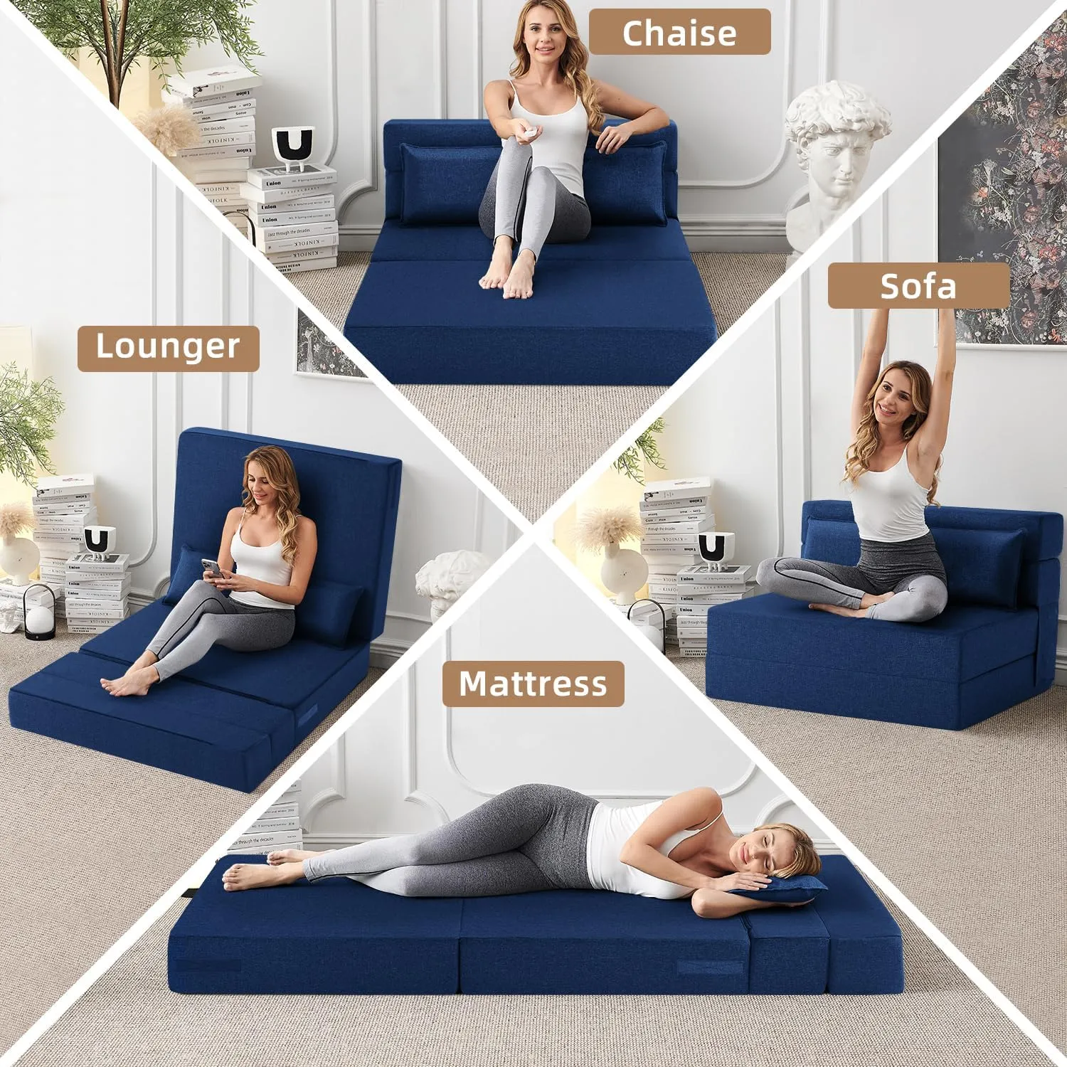 FILUXE Convertible Folding Sofa Bed - Sleeper Chair with Pillow, Modern Linen Fabric Floor & Futon Couch, Foldable Mattress for Living Room/Dorm/Guest/Home Office/Apartment,Standard Size, Navy Blue