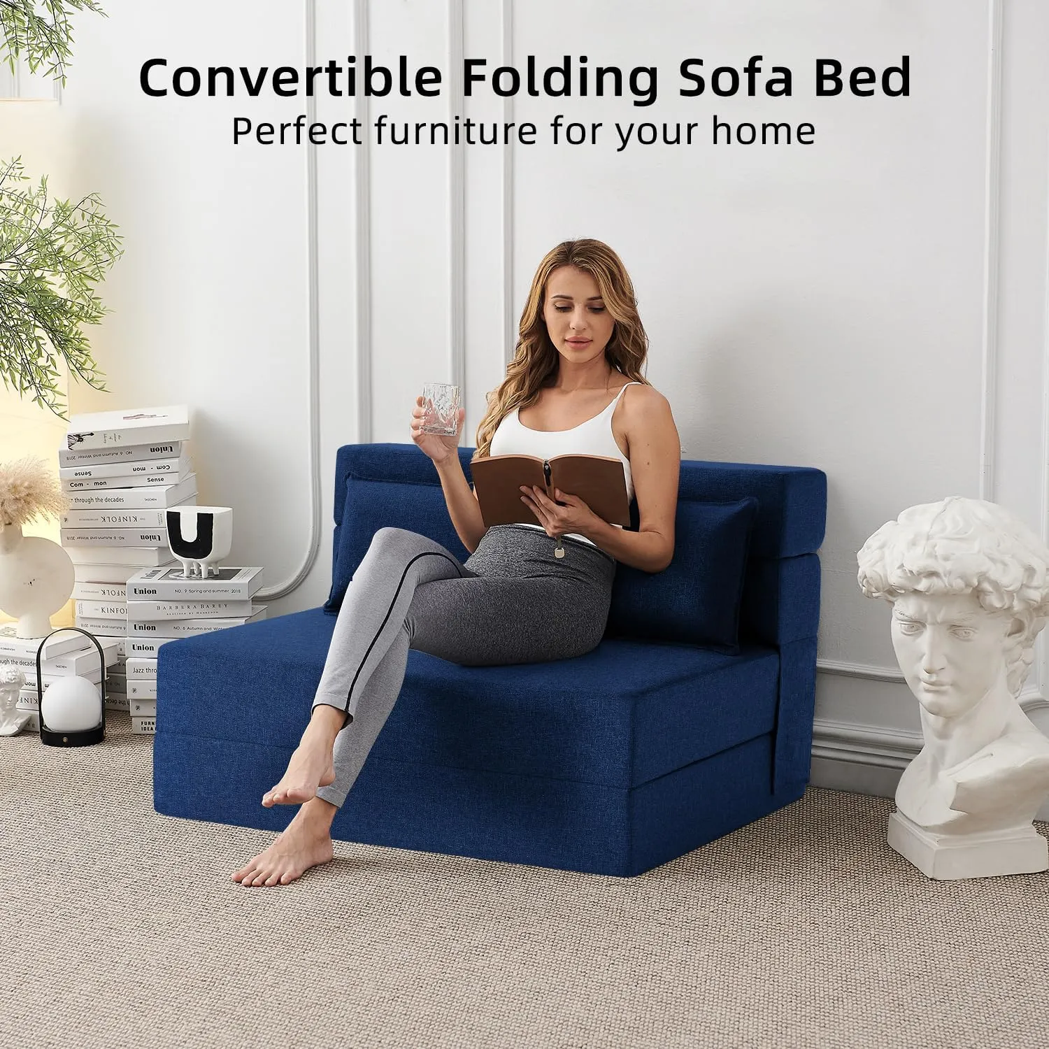 FILUXE Convertible Folding Sofa Bed - Sleeper Chair with Pillow, Modern Linen Fabric Floor & Futon Couch, Foldable Mattress for Living Room/Dorm/Guest/Home Office/Apartment,Standard Size, Navy Blue
