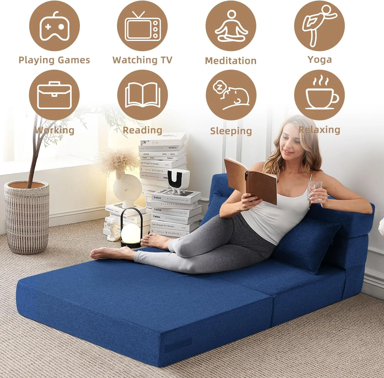 FILUXE Convertible Folding Sofa Bed - Sleeper Chair with Pillow, Modern Linen Fabric Floor & Futon Couch, Foldable Mattress for Living Room/Dorm/Guest/Home Office/Apartment,Standard Size, Navy Blue